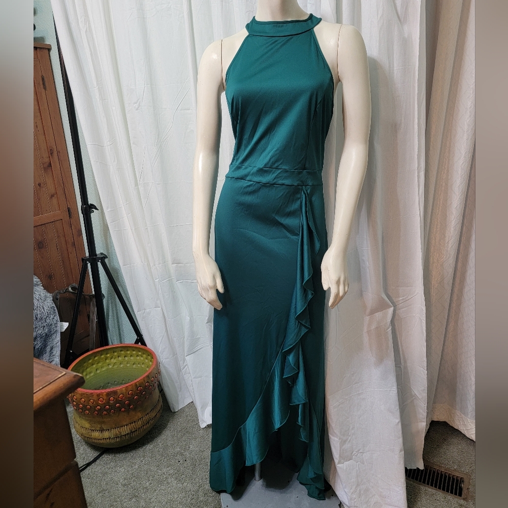 Green Asymmetrical‎ Halter Gown with Slit